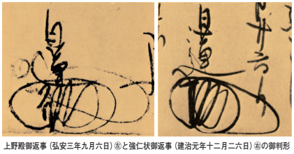 上野殿御返事（弘安三年九月六日）㊧と強仁状御返事（建治元年十二月二六日）㊨の御判形
