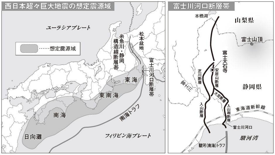 (左) 西日本超々巨大地震の想定震源域　(右) 富士川河口断層帯